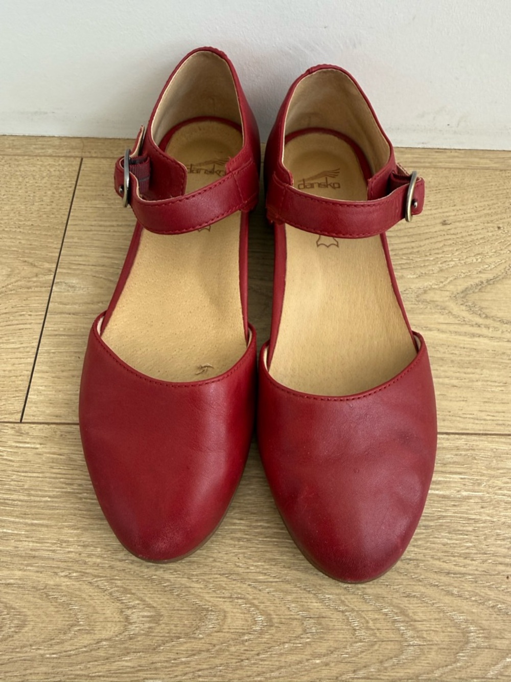 Dansko Red Leather Mary Jane Flats with Buckle Strap